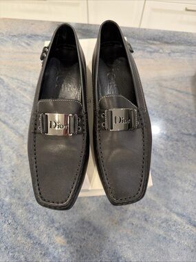 Dior Women Black Street Chic Leather Driving Loafer Silver Buckle Size 41.5